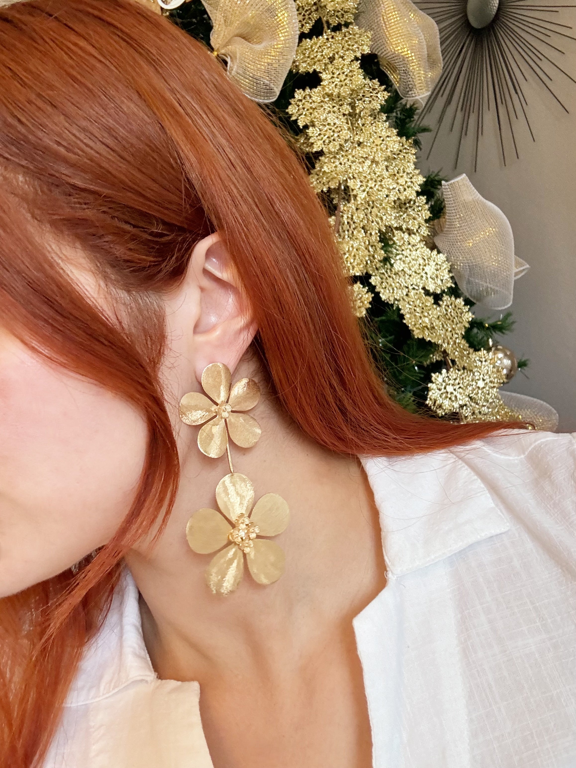 Aretes Diseño De Flor, Metal Brass ,Chapado En Oro