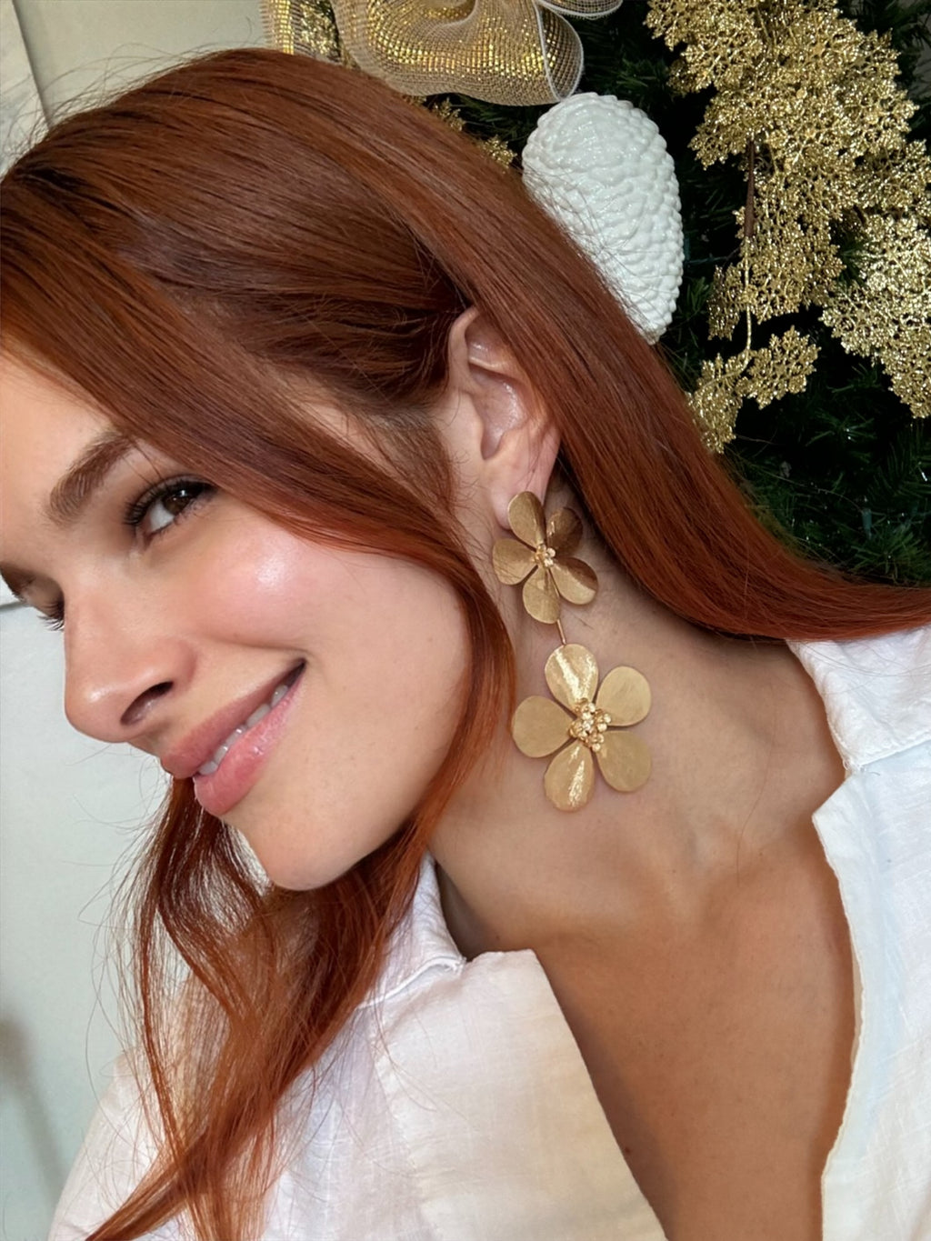 Aretes Diseño De Flor, Metal Brass ,Chapado En Oro