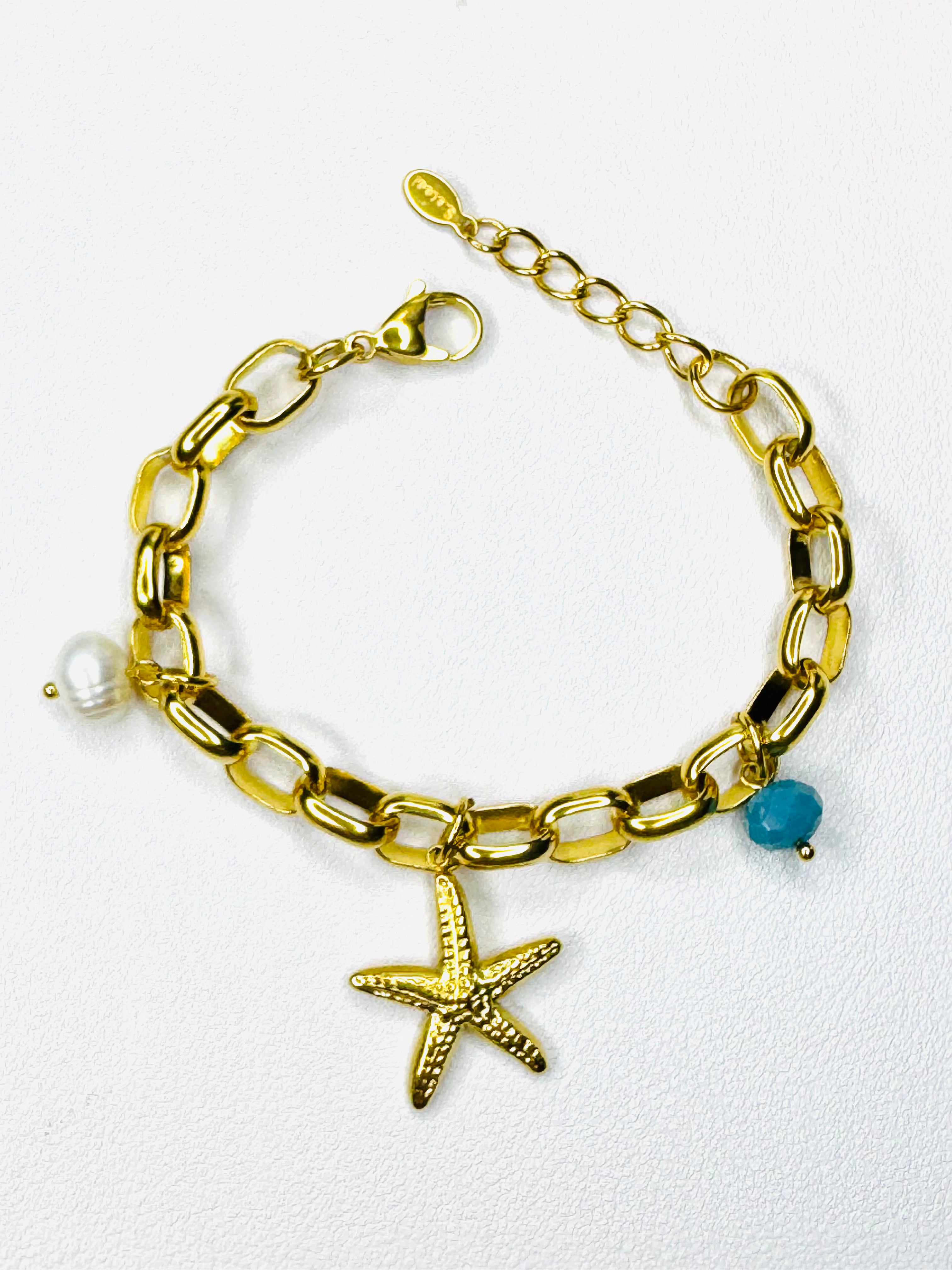 Brazalete Con Colgantes Estrella De Mar,Perla y Turquesa Sintetica