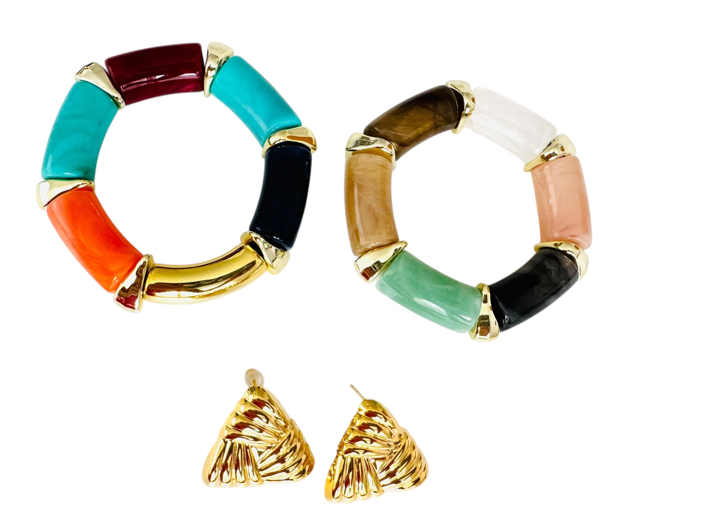 Set Brazaletes Multicolor y Aretes Dorados