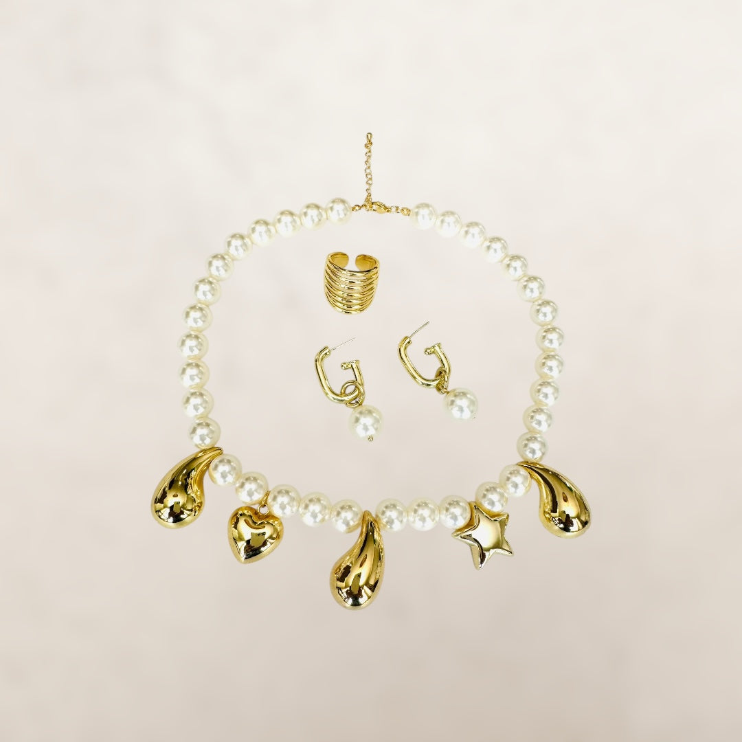 Set Collar, Aretes y Anillo de Perlas y Pendants
