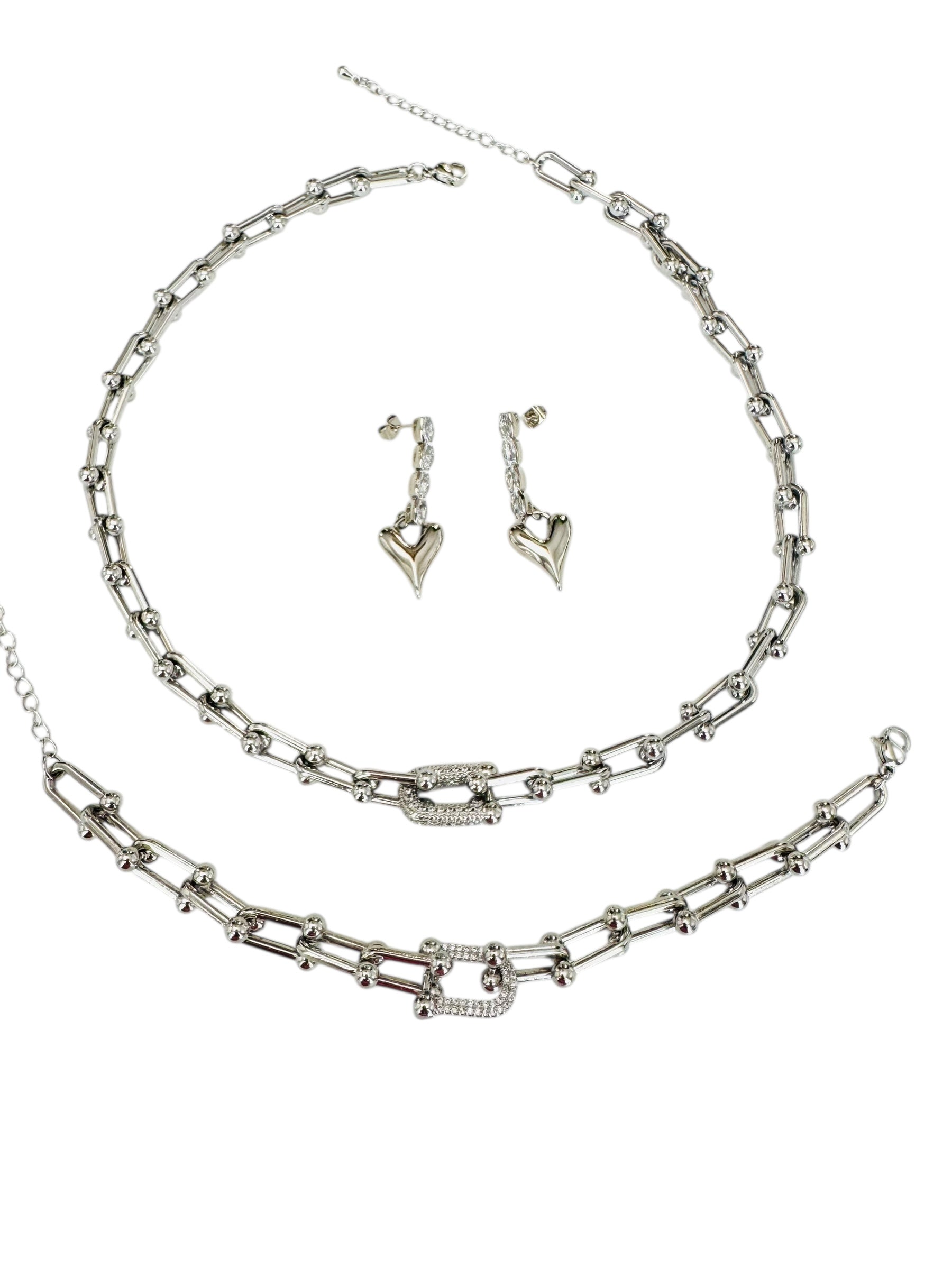 Set Collar, Anillo y Brazalete Eslabón Plateado