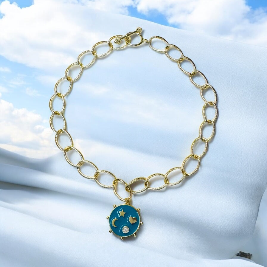Cadena Con Medalla Luna,Estrella,Corazon y Pavé